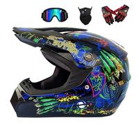 Casco da Motocross Fuoristrada per Uomo con Design Stampato Moto da Cross Casco Completo Casco da Corsa Road Set con Occhiali Maschera Unisex e Guanti per Adulti (E,L)
