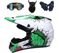 Casco da Motocross per Bici da Cross con Guanti, Casco Fuoristrada Giovanile per ATV BMX Downhill, Integrale per Adulti, Green White, M(54-55cm)