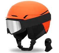 Casco da Sci Kit con Occhiali da Sci Passamontagna Casco Sci per Uomo Donna con Cuscinetti Auricolari Rimovibili UV Regolabile Ski Helmet (Arancione Opaco+Maschera da sci+Passamontagna, L)