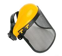 Casco decespugliatore con visiera in rete per uso in giardino, dotato di fascia tergisudore regolabile e archetto, fornisce protezione da frammenti di erba e detriti di vetro