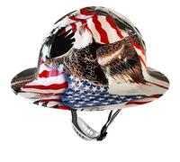 Casco di sicurezza in alluminio a tesa intera con bandiera americana e aquila con sospensioni a cricchetto, cappuccio di sicurezza argentato, taglia unica, adatta alla maggior parte dei caschi