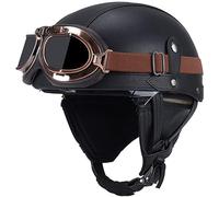 Casco Jet Vintage Omologato ECE,Mezzo Casco Moto Pelle D'epoca Con Occhiali Da Aviatore,Caschi Scooter Caschi Street Cruiser Da Uomo E Da Donna 55-62CM E,L