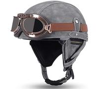 Casco Jet Vintage Omologato ECE,Mezzo Casco Moto Pelle D'epoca Con Occhiali Da Aviatore,Caschi Scooter Caschi Street Cruiser Da Uomo E Da Donna 55-62CM B,L