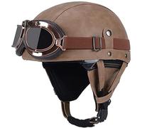 Casco Jet Vintage Omologato ECE,Mezzo Casco Moto Pelle D'epoca Con Occhiali Da Aviatore,Caschi Scooter Caschi Street Cruiser Da Uomo E Da Donna 55-62CM A,L