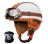 Casco Moto Retro Mezza Maschera, Pelle Vera, Certificato ECE/DOT, Occhiali Protettivi inclusi, Unisex Adulto per Biciclette, Cruiser, Scooter(3,M 57~58CM)