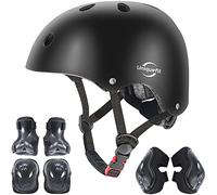 casco regolabile per bambini e set di protezioni ginocchiere gomitiere polsiere (black, S(3-8 Years Old))
