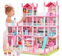 Case delle Bambole Rosa per Bambine, Casa dei Giochi a 4 Piani e 15 Stanze con 4 Bambole e Accessori per Mobili e Luci Lampeggianti, Casa delle Bambole Principessa Regalo per 3 4 5 6 7 8 Anni