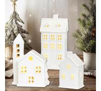 Case di villaggio di Natale in ceramica bianca, luce notturna della casa di Natale, casa di Natale con luci a LED integrate, edifici da collezione di scene di Natale