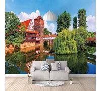 Case Edifici Laghi Boschi Cielo 3D Carta Da Parati Facile Installare Mobili Sfondi Ufficio Divano Camera Letto Sfondo Decorazione Murale-350cm×256cm