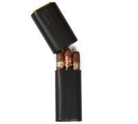 CASE ELEGANCE Custodia da viaggio protettiva per 3 sigari premium, vera pelle nera a grana superiore, fodera in cedro con tappi terminali in metallo dorato, confezione regalo