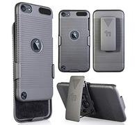 Case with Clip for iPod Touch 7/6/5, Nakedcellphone Black Ribbed Hard Cover and Belt Hip Holster Holder Combo with Stand for Apple iPod Touch 7th 6th 5th Generation