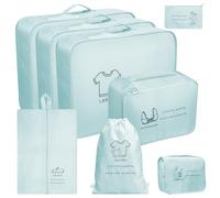 CaseBot Set di 8 organizer per valigie, organizer da viaggio con cubi, sacchetti per scarpe, sacchetti per biancheria e ganci per WC per appassionati di viaggio o donne, blu