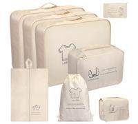 CaseBot Set di 8 organizer per valigie, organizer da viaggio con cubi, sacchetti per scarpe, sacchetti per biancheria e ganci per WC per appassionati di viaggi o donne, beige