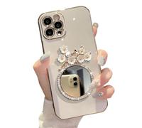 Casechics Compatibile con custodia per iPhone, con glitter e diamanti a specchio, motivo floreale, elettrolitica, protezione per obiettivo della fotocamera, morbida, antiurto, colore bianco, per