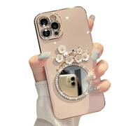 Casechics Compatibile con custodia per iPhone, con glitter e diamanti a specchio, motivo floreale, elettrolitica, protezione per obiettivo della fotocamera, morbida, antiurto, colore: rosa, iPhone 15