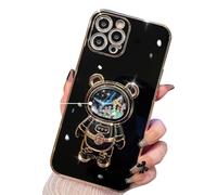 Casechics Compatibile con custodia per iPhone, custodia antiurto con supporto elettrolitico con motivo astronauti glitterati e luccicanti liquidi (nero, iPhone 15)