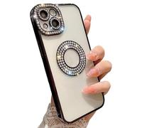 Casechics Compatibile con custodia per iPhone, custodia di lusso con brillantini scintillanti, protezione per obiettivo della fotocamera, trasparente, morbida, antiurto (nero, iPhone 15 Pro)
