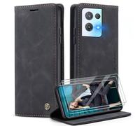 Caseme Cover per OPPO Reno7 Z/Reno8 Lite/F21 Pro 5G con [2 Pezzi Vetro Temperato],Flip Custodia Pelle PU Libro Portafoglio con [Slot Cart] [Supporto Stand] [Magnetica],Nero