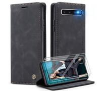 Caseme Cover per Samsung Galaxy S10 5G con [2 Pezzi Vetro Temperato],Flip Custodia Pelle PU Libro Portafoglio con [Slot Cart] [Supporto Stand] [Magnetica],Nero