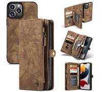 caseme Portafoglio Custodie Pelle per iPhone 13 Pro Max,Rimovibile Posteriore Caso Flip Antiurto Cover Con Cerniera,Slot Per Schede e Magnete Originale (13 Pro Max, Marrone)