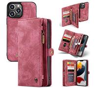 caseme Portafoglio Custodie Pelle per iPhone 13 Pro Max,Rimovibile Posteriore Caso Flip Antiurto Cover Con Cerniera,Slot Per Schede e Magnete Originale (13 Pro Max, Rosso)