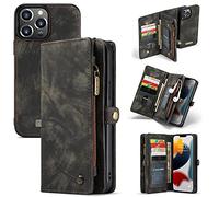 caseme Portafoglio Custodie Pelle per iPhone 13 Pro Max,Rimovibile Posteriore Caso Flip Antiurto Cover Con Cerniera,Slot Per Schede e Magnete Originale (13 Pro Max, Nero)