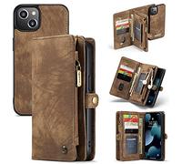 caseme Portafoglio Custodie Pelle per iPhone 13,Rimovibile Posteriore Caso Flip Antiurto Cover Con Cerniera,Slot Per Schede e Magnete Originale (13, Marrone)
