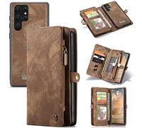 caseme Portafoglio Custodie Pelle per Samsung Galaxy S22 Ultra 5G,Rimovibile Posteriore Caso Flip Antiurto Cover Con Cerniera,Slot Per Schede e Magnete Originale (Marrone)
