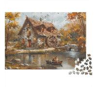 Casetta con mulino ad acqua autunnale, puzzle da 1000 pezzi, casa con mulino ad acqua sul lago per adulti, gioco educativo, decorazione per la casa, sfida ad alta difficoltà, compleanno, 38x26cm
