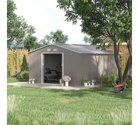 Casetta da Giardino con Doppie Porte Scorrevoli e Tetto Inclinato, Capanno da Giardino in Acciaio e PP, 3.4x4x2 m, Grigio Description:Aggiungi spazio per i tuoi attrezzi con una casetta da giardino es