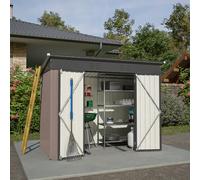 Casetta da giardino in metallo, 8 x 4 FT con base in metallo (senza fondo), armadio da giardino in metallo con tetto spiovente e porta, resistente alle intemperie, per esterni, giardino, terrazza