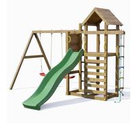 Casetta in Legno Fungoo Mixter | Con Scivolo 2,2 m, Doppia Altalena, Arrampicata e Casetta | Da Giardino | Legno Autoclave | 373x385x247 cm | Uso Privato
