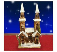CASETTA LEGNO INNEVATA LUMINOSA CON 2 TORRI ALTEZZA 40 CM DECORAZIONI NATALIZIE