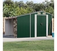 Casetta per attrezzi in acciaio zincato, verde, 277 x 279 x 179 cm, con supporto per legna da ardere e 4 aperture di ventilazione per attrezzi da giardino e possibilità di stoccaggio all'aperto