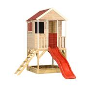 Casetta per bambini in legno sulla piattaforma | Casa di avventura estiva per bambini con scivolo, scala, balcone, scaffale giocattolo, tapparelle, lavagna