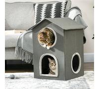 Casetta per Gatti a Due Livelli con Cuscini Lavabili 3 entrate, 42x46x59.5 cm, Grigio