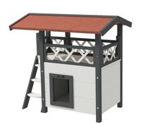 Casetta per Gatti da Esterno con Terrazza e Scaletta 77x50x73 cm in Legno Bianco e Grigio