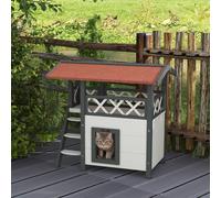 Casetta per Gatti da Esterno con Terrazza e Scaletta in Legno, 77x50x73cm, Bianco e Grigio
