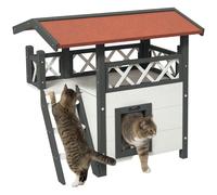 Casetta Per Gatti Da Esterno Con Terrazza E Scaletta In Legno, 77x50x73cm, Bianco E Grigio