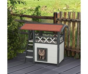 Casetta per Gatti da Esterno con Terrazza e Scaletta in Legno, 77x50x73cm, Bianco e Grigio