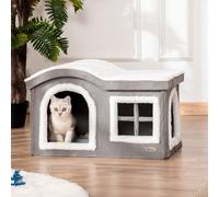 Casetta per Gatti da Interno con 2 Entrate e Finestra, Cuscino e Base Antiscivolo, 63.5x37x40cm, Grigio Description:I tuoi gatti meritano uno spazio tutto loro in cui rilassarsi e la casetta per gatti