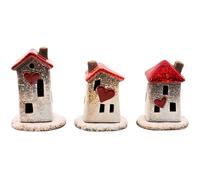 Casetta per incenso in ceramica con cuore rosso e tetto, set da 3 pezzi, dimensioni di ogni casa (lunghezza x larghezza x altezza): circa 10 x 4,3 x 11 cm.