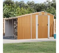 Casetta porta attrezzi marrone chiaro, 277 x 279 x 179 cm, in acciaio zincato, con supporto per legna da ardere e 4 aperture di ventilazione per attrezzi da giardino e possibilità di stoccaggio