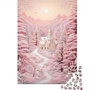 Casetta Rosa Innevata Puzzle 1000 Pezzi Puzzle per Adulti Foresta Invernale Gioco di Puzzle 1000 Pezzi Relax Decorazione 52x38cm/1000pcs