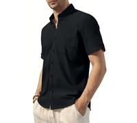 Casey Kevin Camicia Lino Uomo con Polsini Aperti - Camicie Uomo Maniche Corte con Taschino Pratico - Camicie Casual vestibilità Regolare Camicia in Lino da Spiaggia Estiva