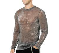Casey Kevin Camicia Trasparente Uomo Manica Lunga Glitter Maglia a Rete Paillettes Abbigliamento Sexy Discoteca Mesh Shirt Fishnet Trasparenti Maglietta Vedere Attraverso Tops Clubwear Party Night,XXL