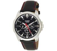 Casio Enticer MTP-SW310L-1AV Orologio analogico, cinturino in pelle nera con cuciture rosse, visualizzazione giorno e data, WR 50M