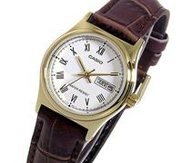 Casio LTP-V006GL-7B Orologio da donna con cinturino in pelle con quadrante | Display giorno e data, cassa color oro, cinturino in pelle marrone, resistente all'acqua, numeri romani