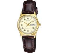 Casio LTP-V006GL-9B Orologio da donna con quadrante dorato in pelle marrone | Display giorno-data, resistente all'acqua, numeri romani, movimento giapponese, quarzo analogico