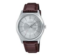 Casio MTP-V006L-7C Orologio analogico da uomo con cinturino in pelle 24 ore, quadrante con indici argentati, giorno e data, 3 lancette, Argento, Casual